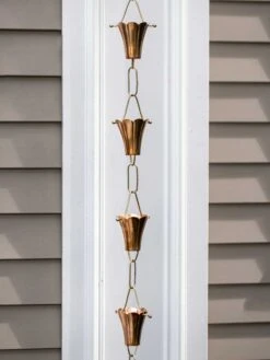 Fluted Flower Pure Copper Rain Chain, 8.5' -Comfortable Garden 8600204 03v