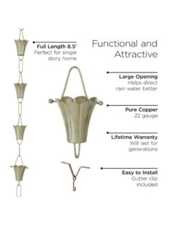 Fluted Flower Pure Copper Rain Chain, 8.5' -Comfortable Garden 8612742 03v
